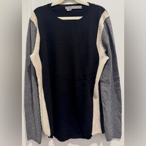 360 Cashmere Black Crewneck Sweater. Charcoal Arms. Ivory Side Panels. Size S.